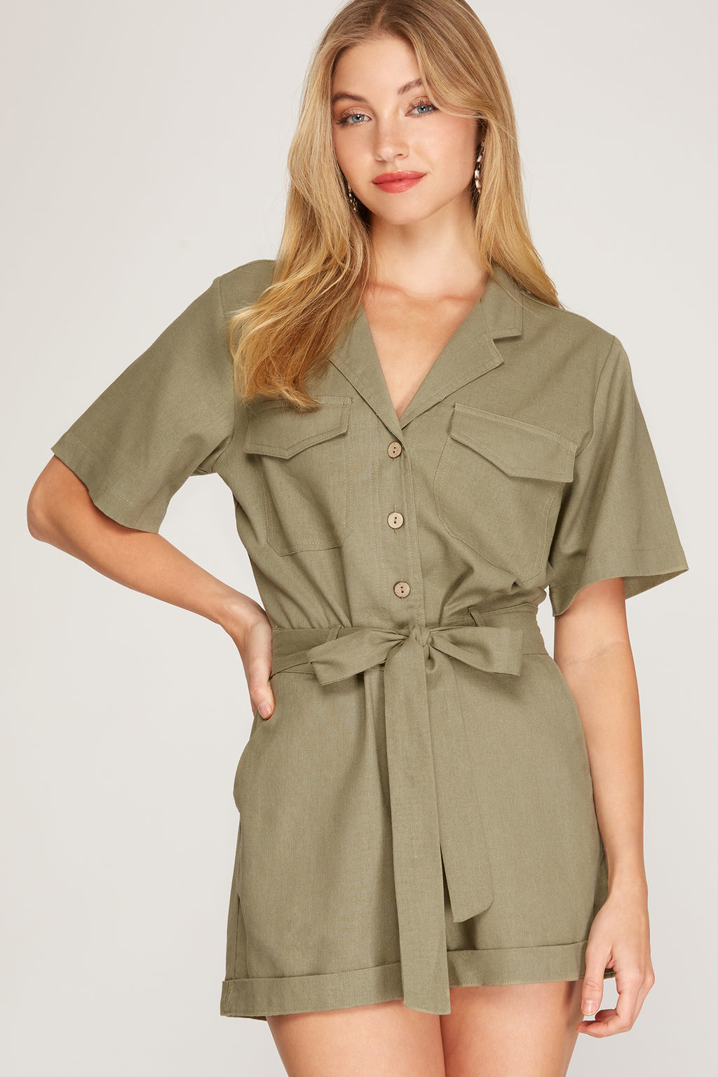SHORT SLEEVE LINEN BUTTON DOWN ROMPER WITH WAIST TIE AND POCKETS