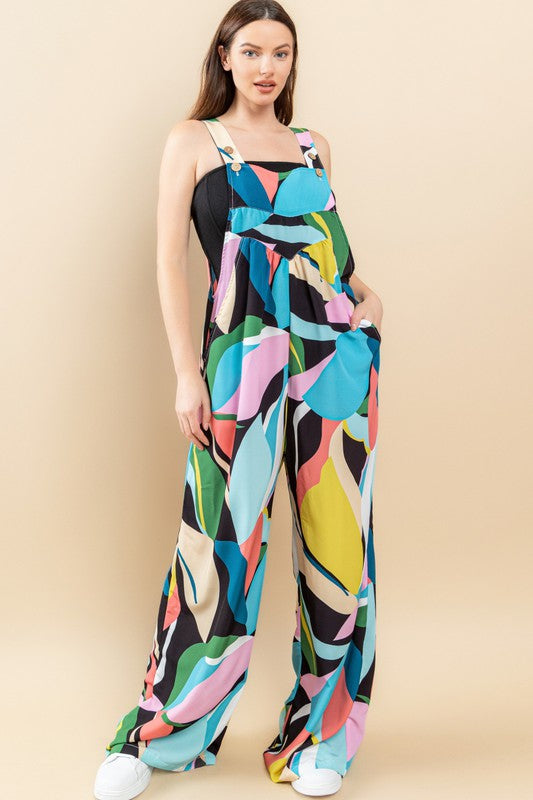 Abstract Woven Print Wide-Leg Overall Jumpsuit