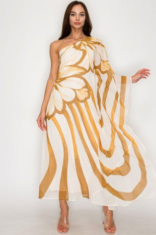 One-shoulder Chiffon Midi Dress