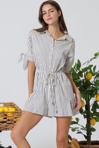 Short Sleeve Button Down Tie Stripe Romper