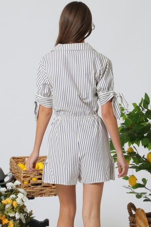 Short Sleeve Button Down Tie Stripe Romper
