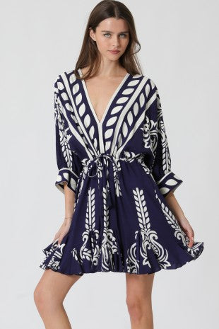 3/4 Dolman Sleeve Tie Waist With Tassel Trim Detail Mini