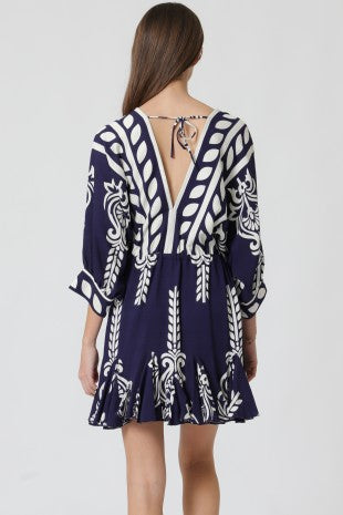 3/4 Dolman Sleeve Tie Waist With Tassel Trim Detail Mini