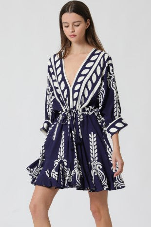 3/4 Dolman Sleeve Tie Waist With Tassel Trim Detail Mini