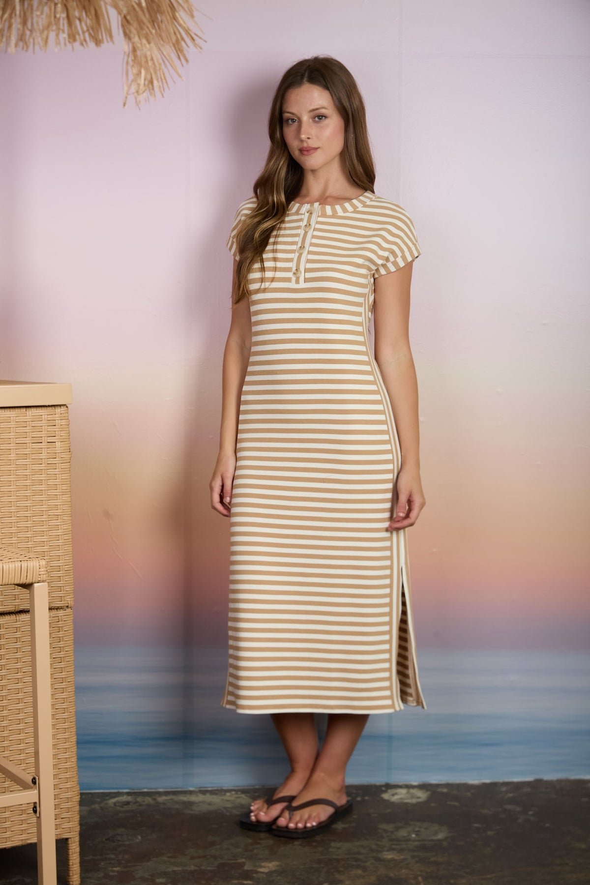 Stripe Henley Short Sleeve Knit Midi Dress