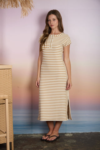 Stripe Henley Short Sleeve Knit Midi Dress
