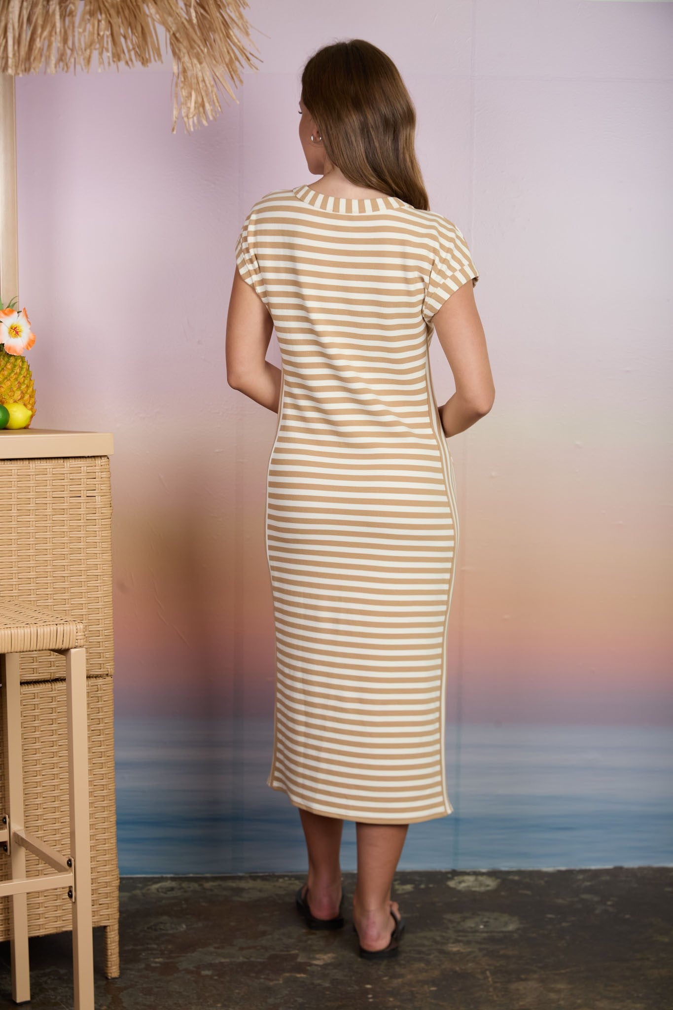 Stripe Henley Short Sleeve Knit Midi Dress