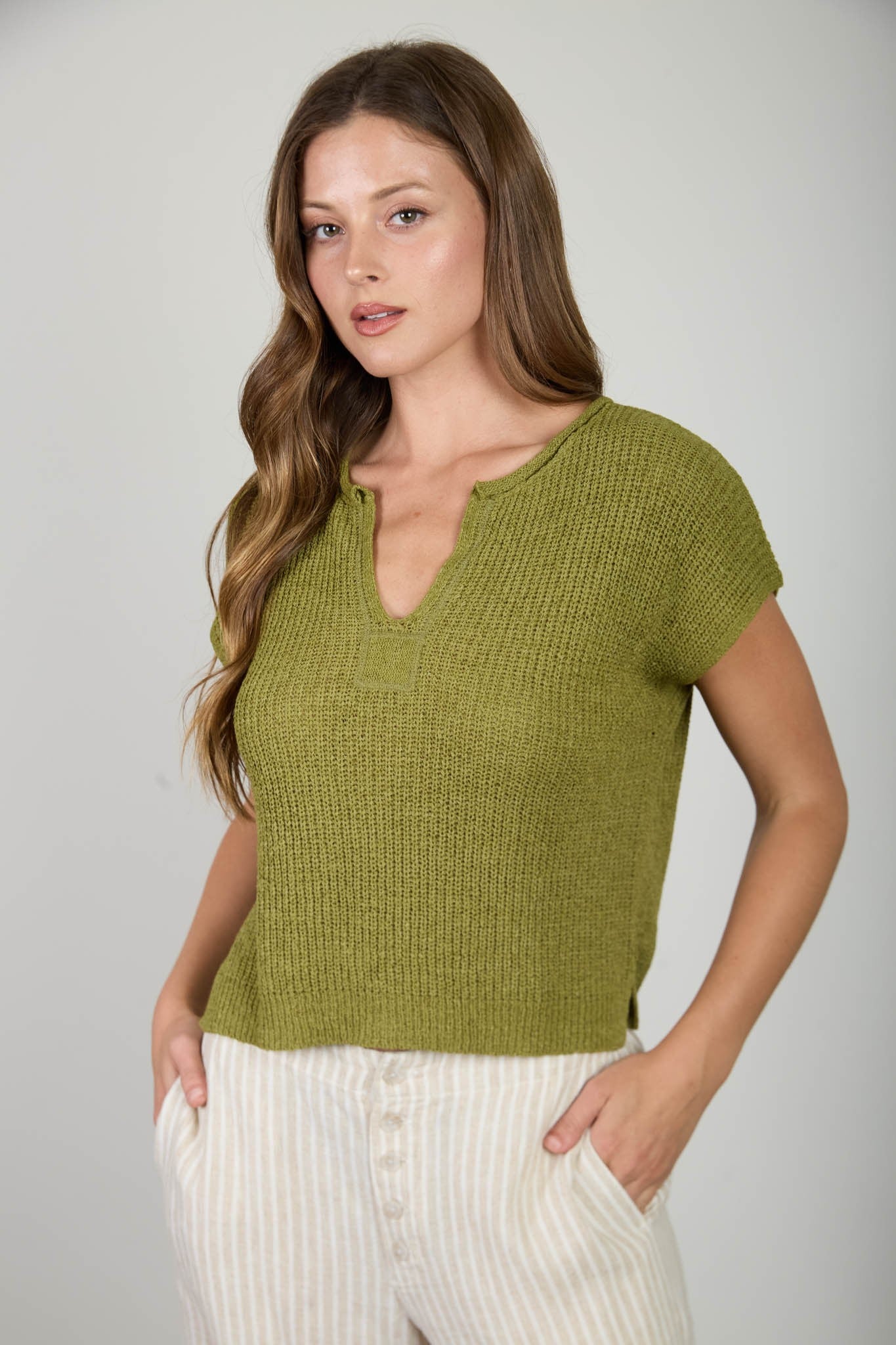 Split Neck Batwing Sleeveless Knit Sweater