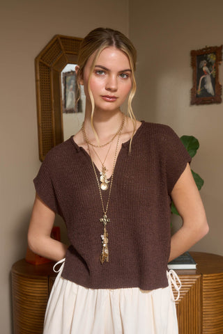 Split Neck Batwing Sleeveless Knit Sweater