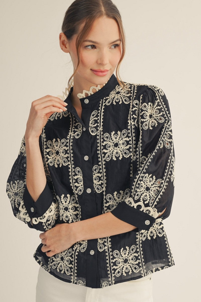 3/4 sleeves button down 3D embroidery top with scallop trim detail