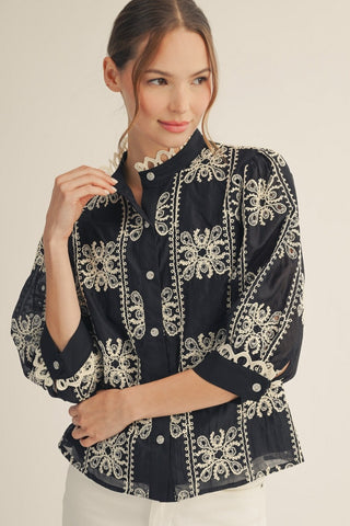 3/4 sleeves button down 3D embroidery top with scallop trim detail