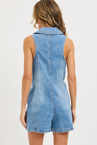 A sleeveless denim romper crafted from medium wash denim for an easy, casual feel.
