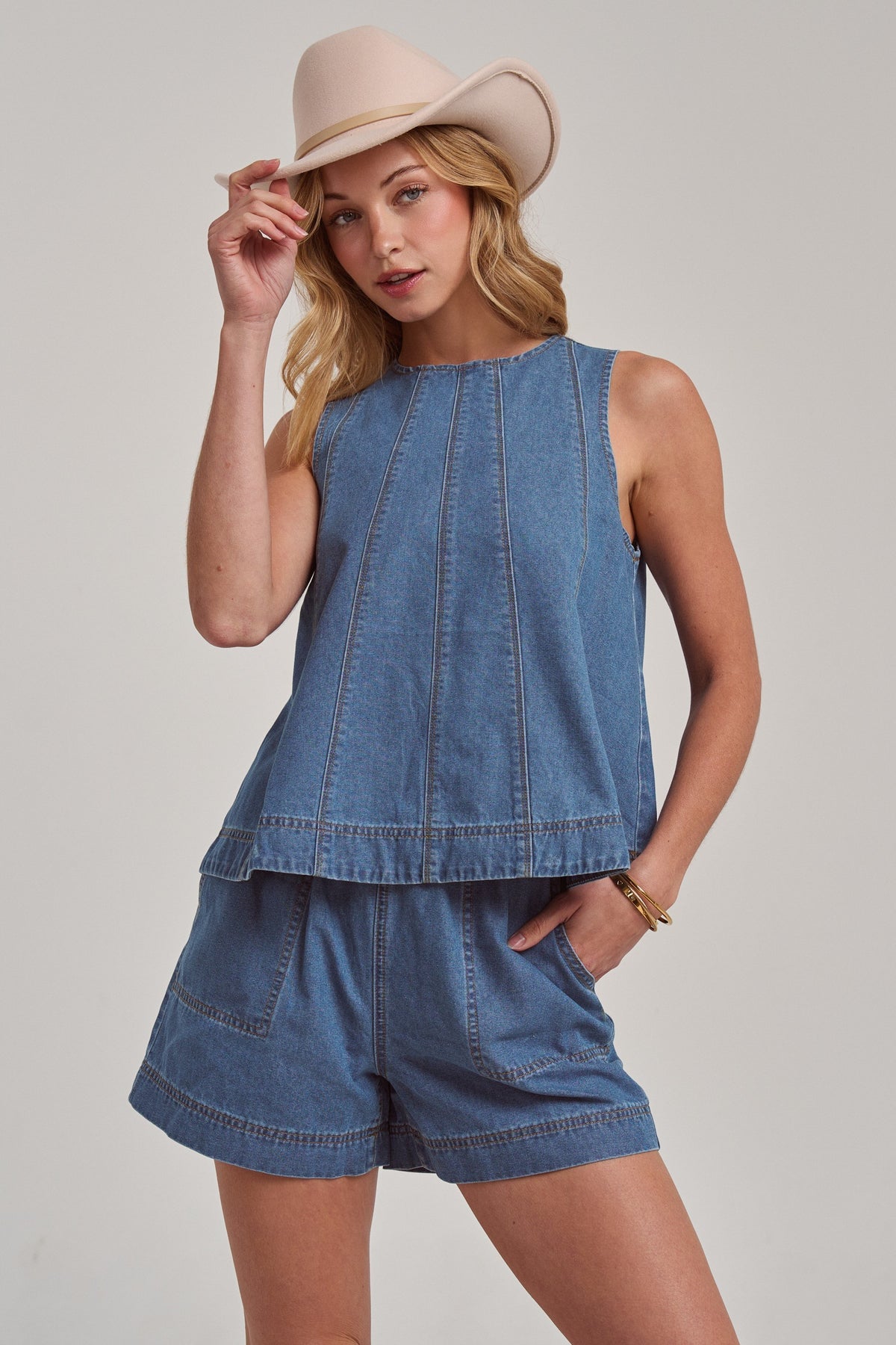 Sleeveless Denim Top And Matching Shorts Set