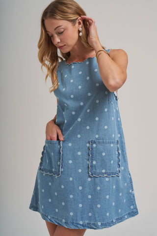 Polka Dot Denim Mini Dress With Scalloped Embroide