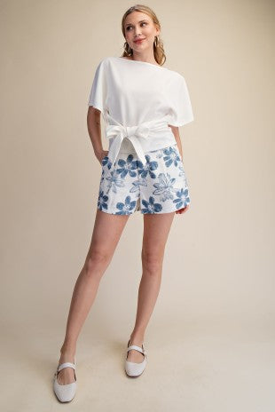 High Waist Back Elastic Band Flower Print Spring Shorts
