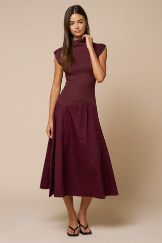 Mock Neck Contrast Midi Dress With Cap Sleeves