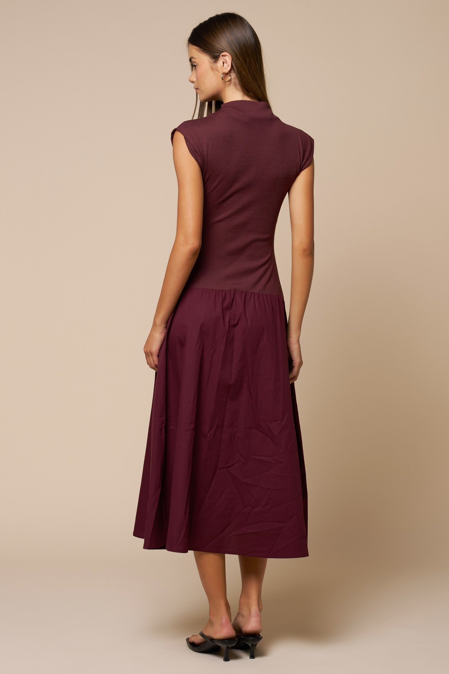 Mock Neck Contrast Midi Dress With Cap Sleeves