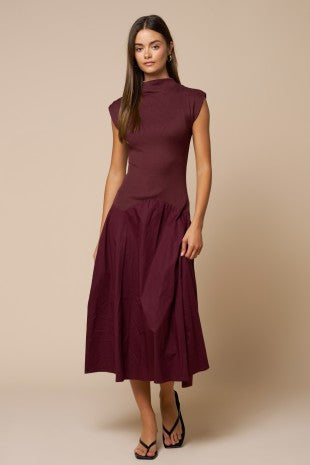 Mock Neck Contrast Midi Dress With Cap Sleeves