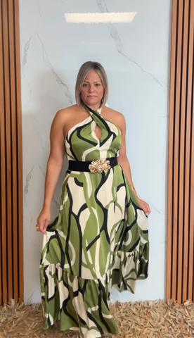 Women Woven Printed Sleeveless Twisted Halter Maxi Dress