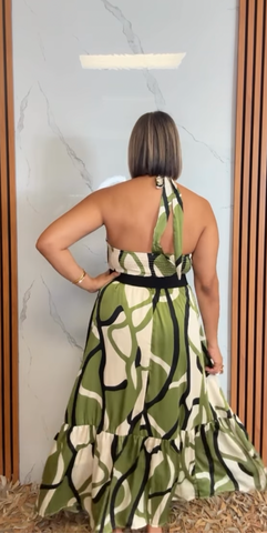 Women Woven Printed Sleeveless Twisted Halter Maxi Dress