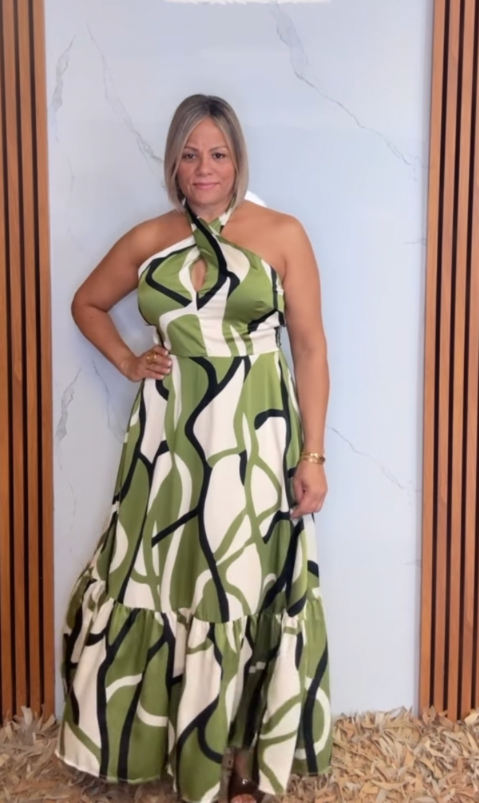 Women Woven Printed Sleeveless Twisted Halter Maxi Dress