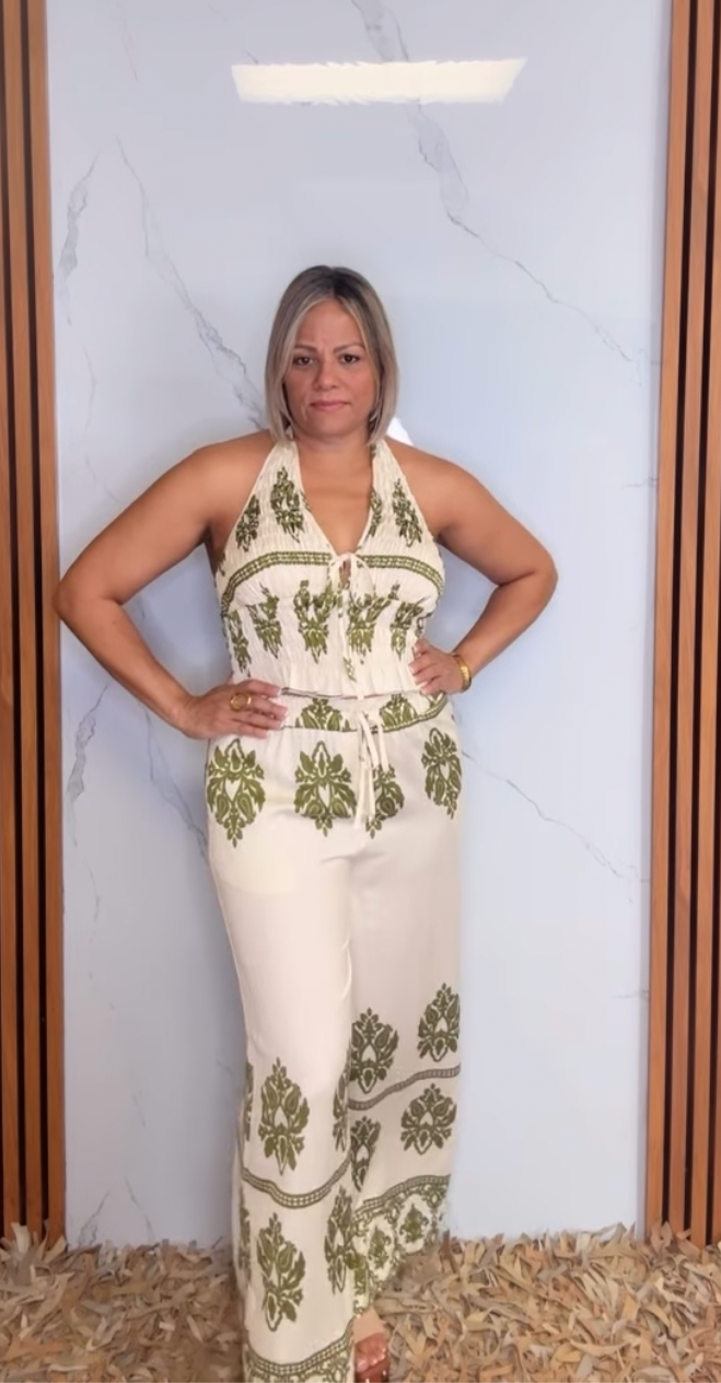 Halter Crop & Printed Wide-leg Pants Set