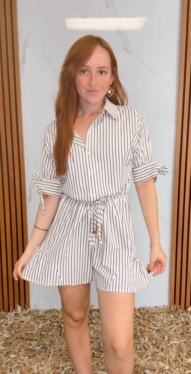 Short Sleeve Button Down Tie Stripe Romper