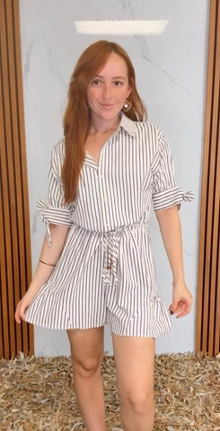 Short Sleeve Button Down Tie Stripe Romper
