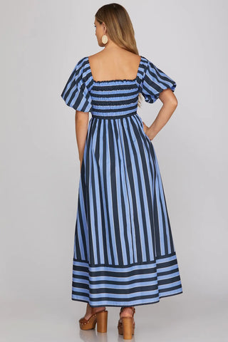 SHORT BUBBLE SLEEVE SMOCKED TOP STRIPED MIDI DRESS WITH POCKETS