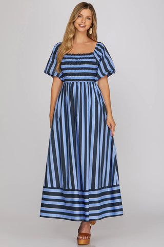 SHORT BUBBLE SLEEVE SMOCKED TOP STRIPED MIDI DRESS WITH POCKETS