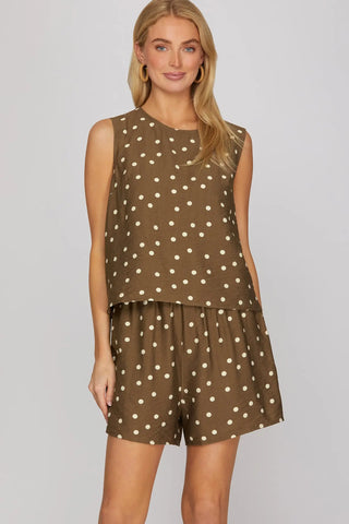 SLEEVELESS WOVEN POLKA DOT PRINT TOP