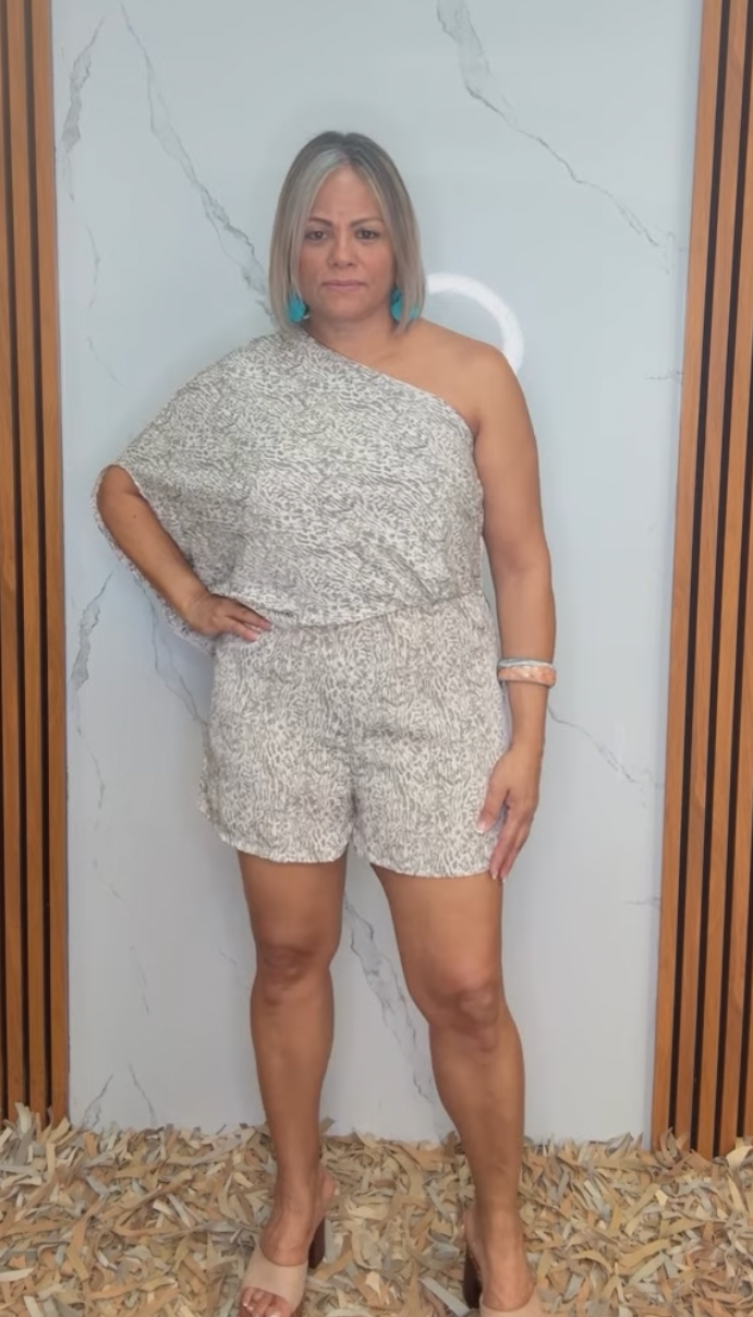 Wood Texture Print Slouchy One Shoulder Romper