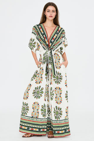 Kimono sleeve tie front printed jumpsuit