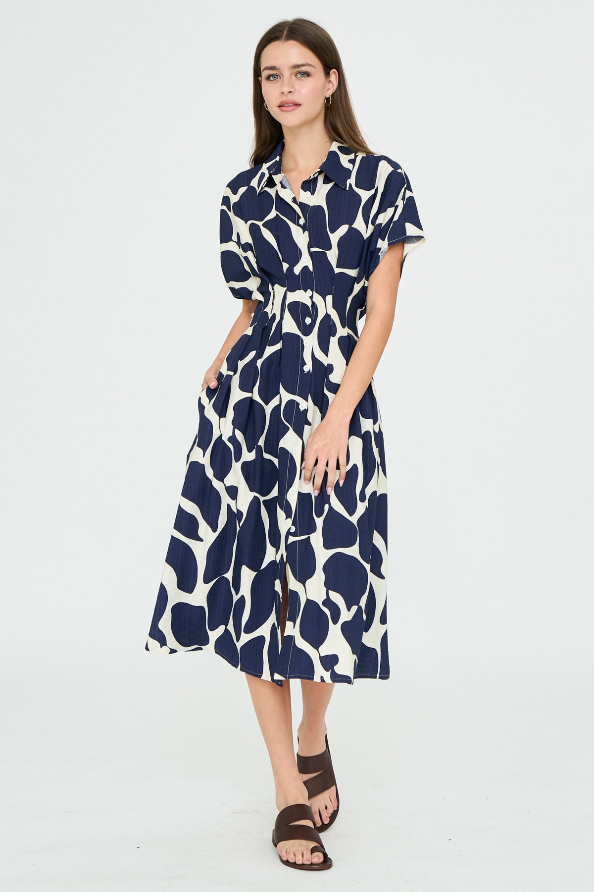 Abstract print collared button down midi dress
