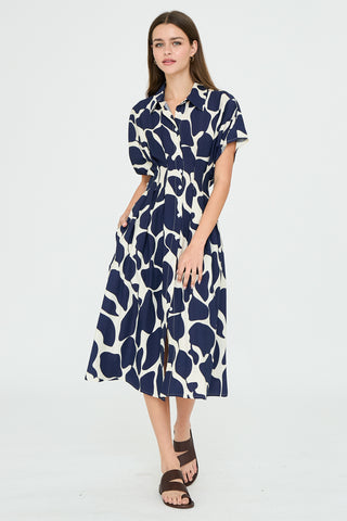 Abstract print collared button down midi dress