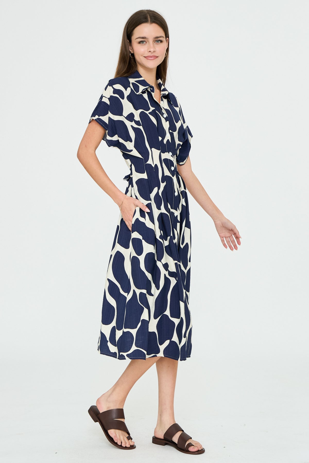 Abstract print collared button down midi dress