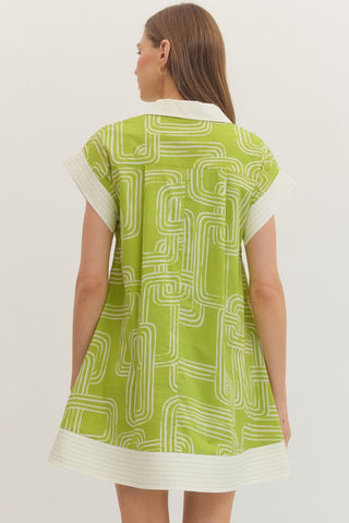 Geometric print cap sleeve mini dress featuring contrast collar and button placket at split V-neck