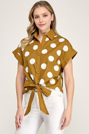 Cap Slv Front Tie Knot Hemline Polka Dot Button Shirt