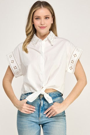 Eyelet Embroidery Detail Button Down Front Tie Shirt