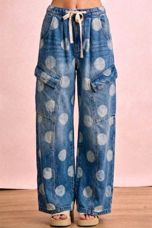 Washed Polka Dot Denim Barrel Pants With Cargo Pockets