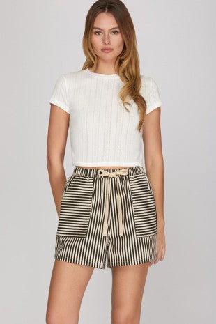 Woven Stripe Shorts With Elastic Waistband and Pockets
