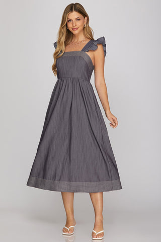 SLEEVELESS RUFFLED SHOULDER STRAP SQUARE NECK WOVEN MIDI DRESS WITH STITCHING DETAIL AND POCKETS