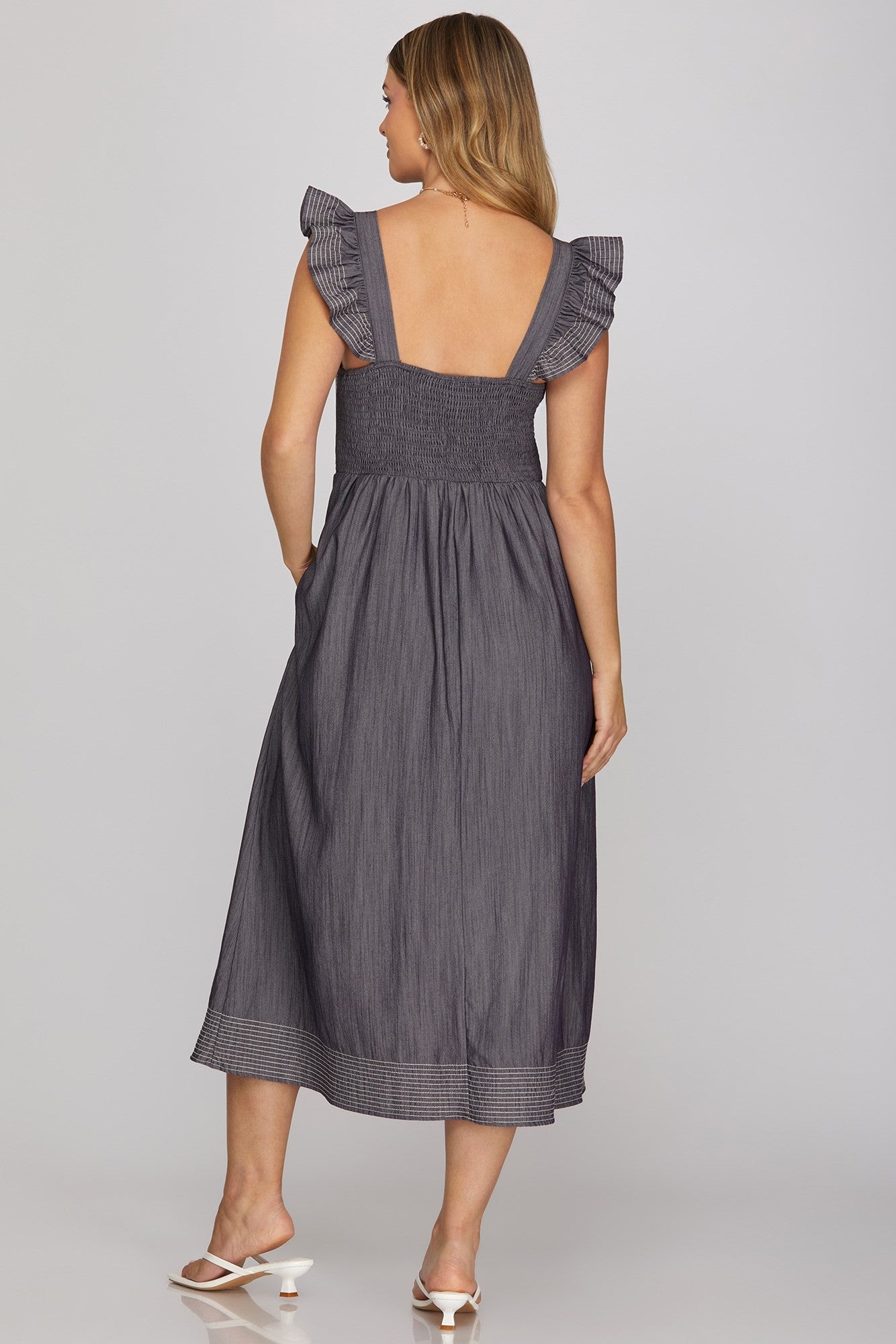 SLEEVELESS RUFFLED SHOULDER STRAP SQUARE NECK WOVEN MIDI DRESS WITH STITCHING DETAIL AND POCKETS