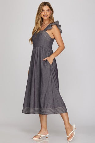 SLEEVELESS RUFFLED SHOULDER STRAP SQUARE NECK WOVEN MIDI DRESS WITH STITCHING DETAIL AND POCKETS