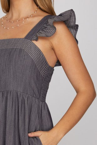 SLEEVELESS RUFFLED SHOULDER STRAP SQUARE NECK WOVEN MIDI DRESS WITH STITCHING DETAIL AND POCKETS