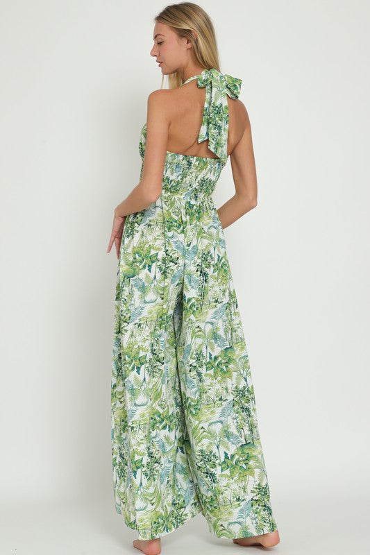 HALTER CUT-OUT CHEST DETAILING SMOCKED JUMPSUIT