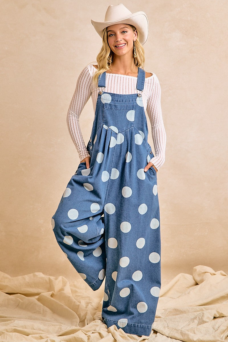 Washed Polka Dot Denim Front Pocket Overall