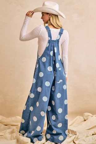 Washed Polka Dot Denim Front Pocket Overall