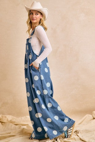 Washed Polka Dot Denim Front Pocket Overall