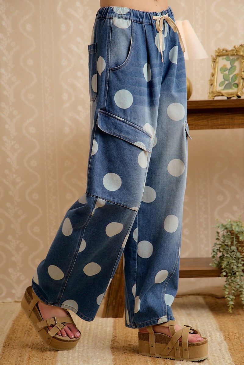 Washed Polka Dot Denim Barrel Pants With Cargo Pockets